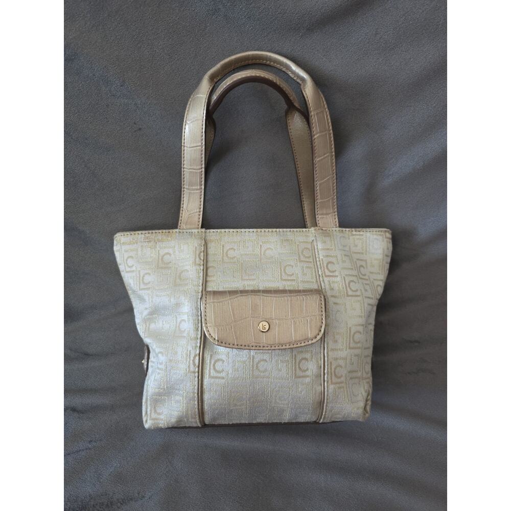 Liz Claiborne Cream Double Handle Tote Bag Purse Glittery Logo Croc Embossed z